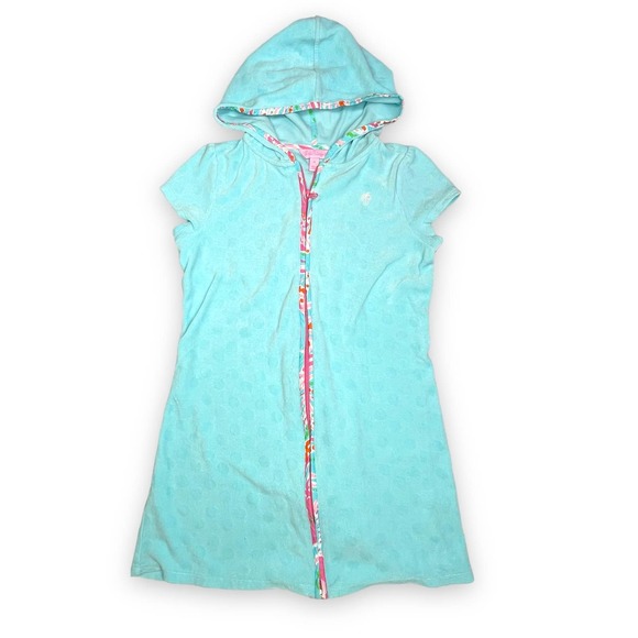 Lilly Pulitzer Swim Lilly Pulitzer Beach Cover Up Terry Cloth Blue Polka Dot Hooded Girls Xl